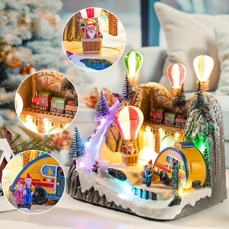 Vigdur Christmas Village Houses with LED Lights, Hot Air Balloons, Snow Mountain, 8 Christmas Music, Animation Village Indoor Tabletop Decorations for Home - Image 4